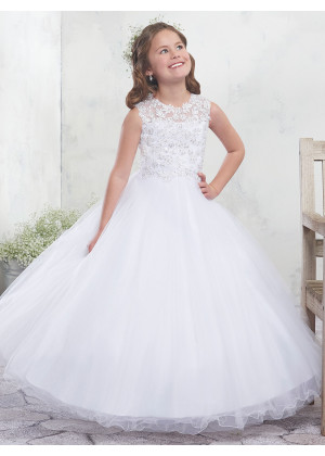 White Lace Tulle Keyhole Back Glitter Flower Girl Dress